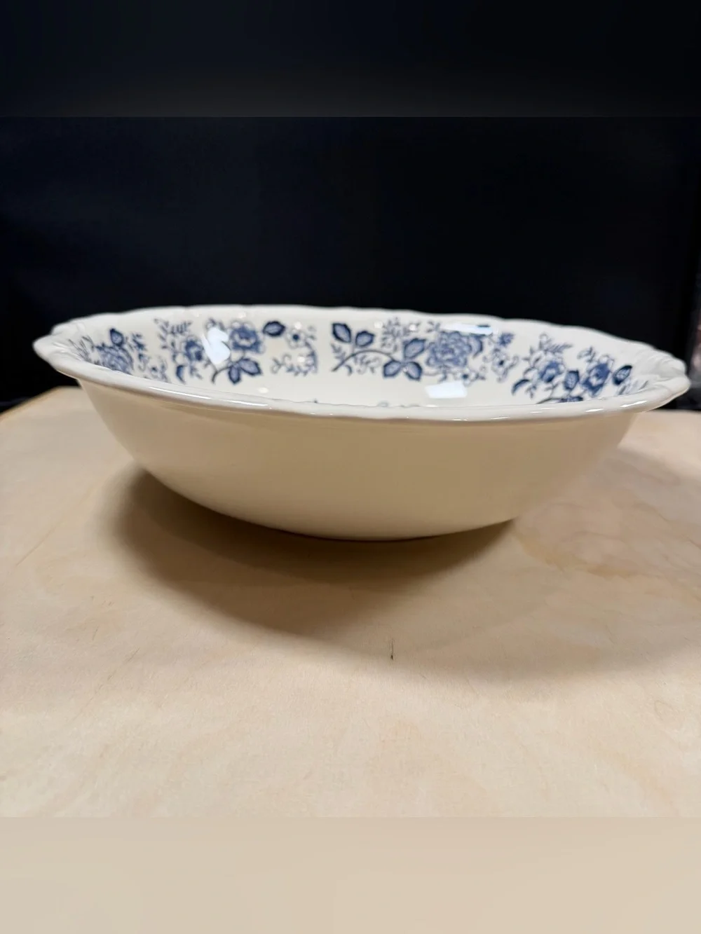 Vintage Blue Peony Hand-Painted 13” Serving Bowl Japan, Cream & Blue